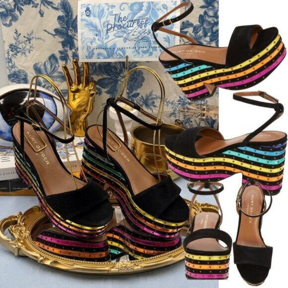 🆕 KURT GEIGER LONDON 🧿 NWOB Shoreditch Rainbow Platform Sandal Sz 36 US 6 - Picture 1 of 16